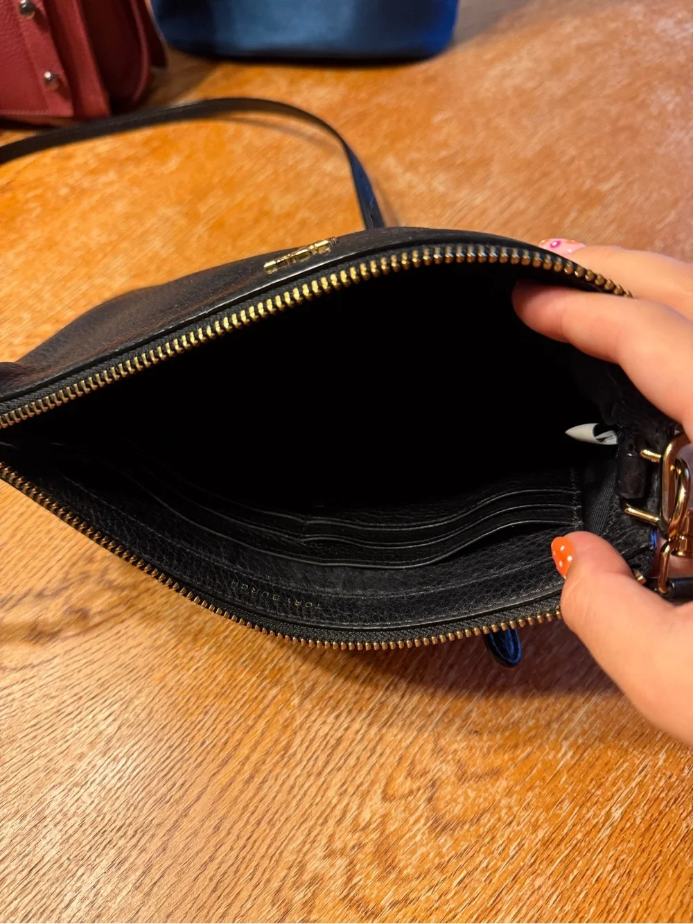 Tory Burch Black Pebbled Leather Wristlet with Gold Logo